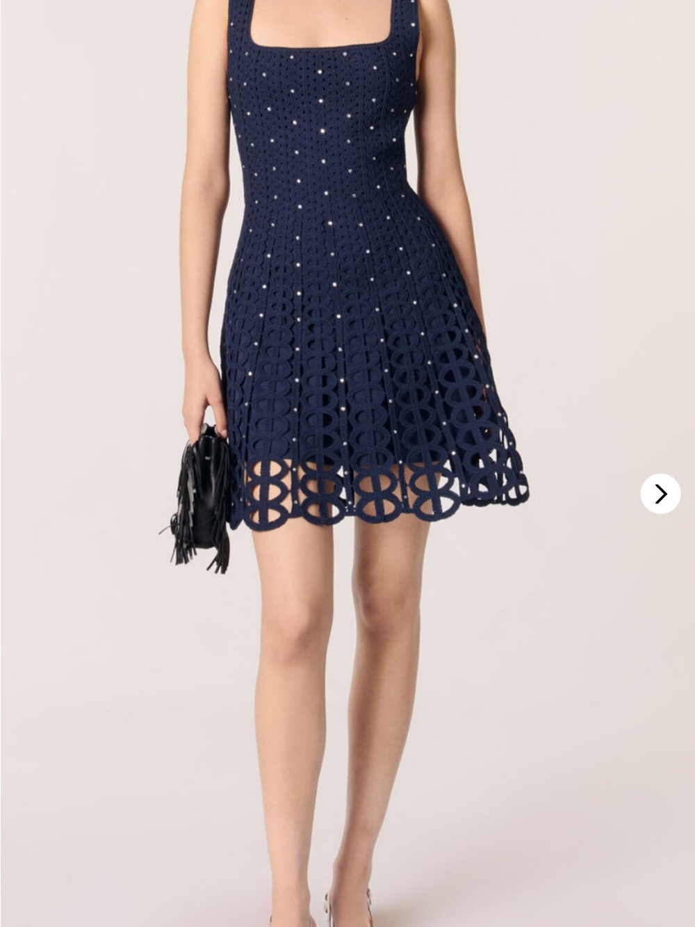 MAJE rhinestone Crochet Fit-and-Flare Dress - Sleeveless Square Neck
